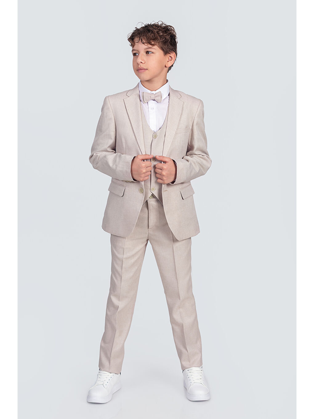 Bej Erkek Çocuk Ceket Gömlek Pantolon Papyon Yelekli Takım Elbise TE.4000YY-4