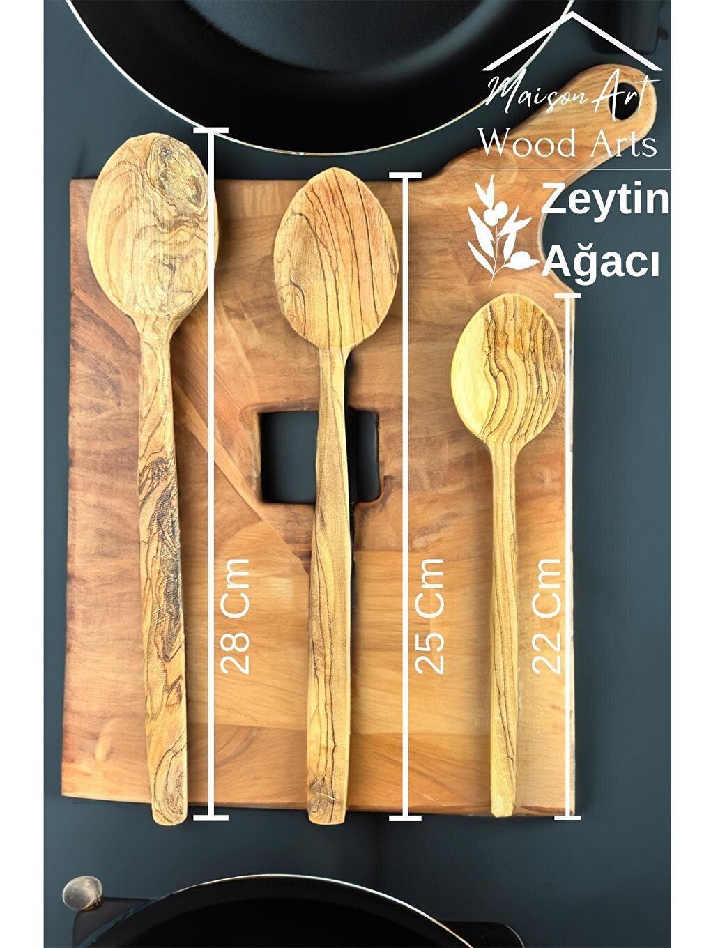 MaisonArt Kahverengi Zeytin Ağacı Kaşık Seti | 3 lü El Yapımı Ahşap Kaşık Doğal Ağaç Kaşık Seti - 3