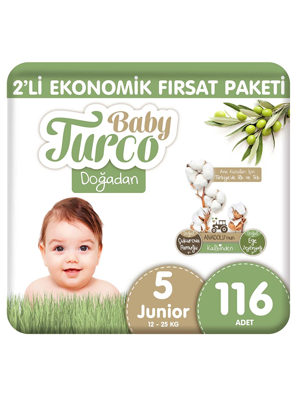 Baby Turco Doğadan 2'li Ekonomik Fırsat Paketi Bebek Bezi 5 Numara Junior 116 Adet