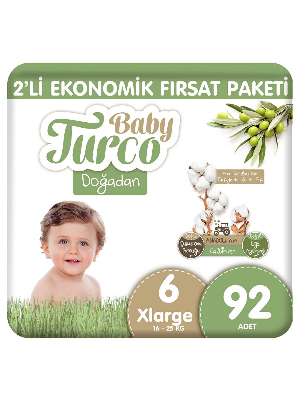 Baby Turco Doğadan 2'li Ekonomik Fırsat Paketi Bebek Bezi 6 Numara Xlarge 92 Adet