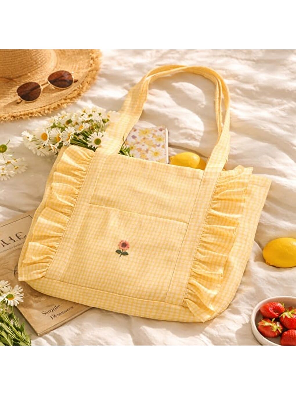 Soft Nakışlı Çanta - Sarı / Ekru - 35x40 cm