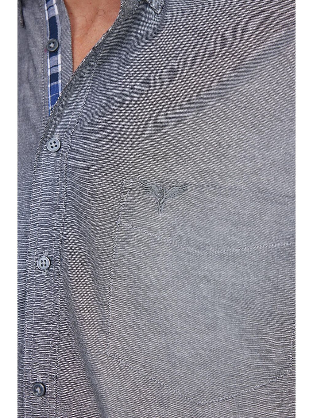 Erkek Regular Fit Klasik Kesim Pamuklu Oxford Doku Tek Cepli Gri Düğmeli Yaka Gömlek-2