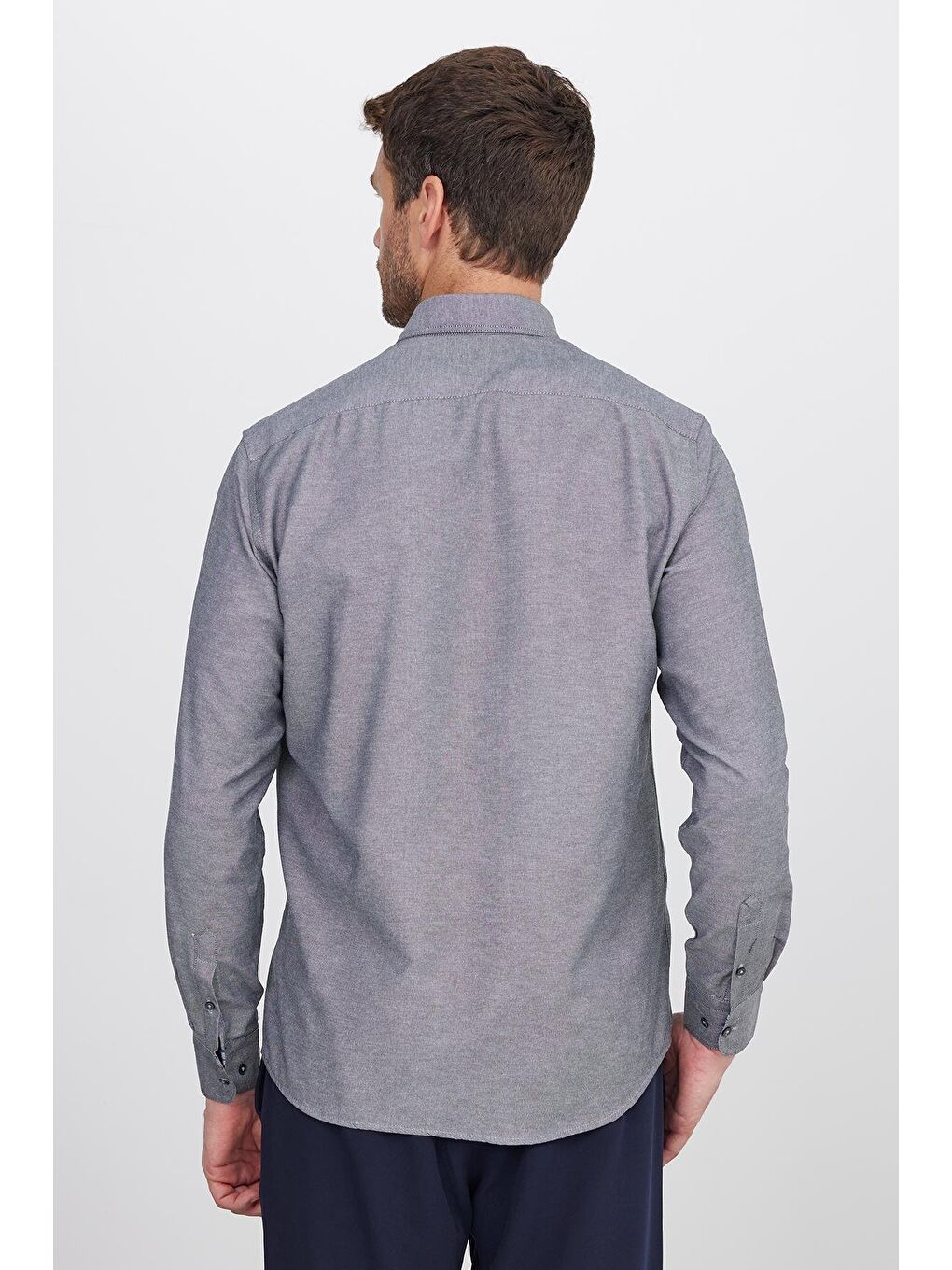 Erkek Regular Fit Klasik Kesim Pamuklu Oxford Doku Tek Cepli Gri Düğmeli Yaka Gömlek-6
