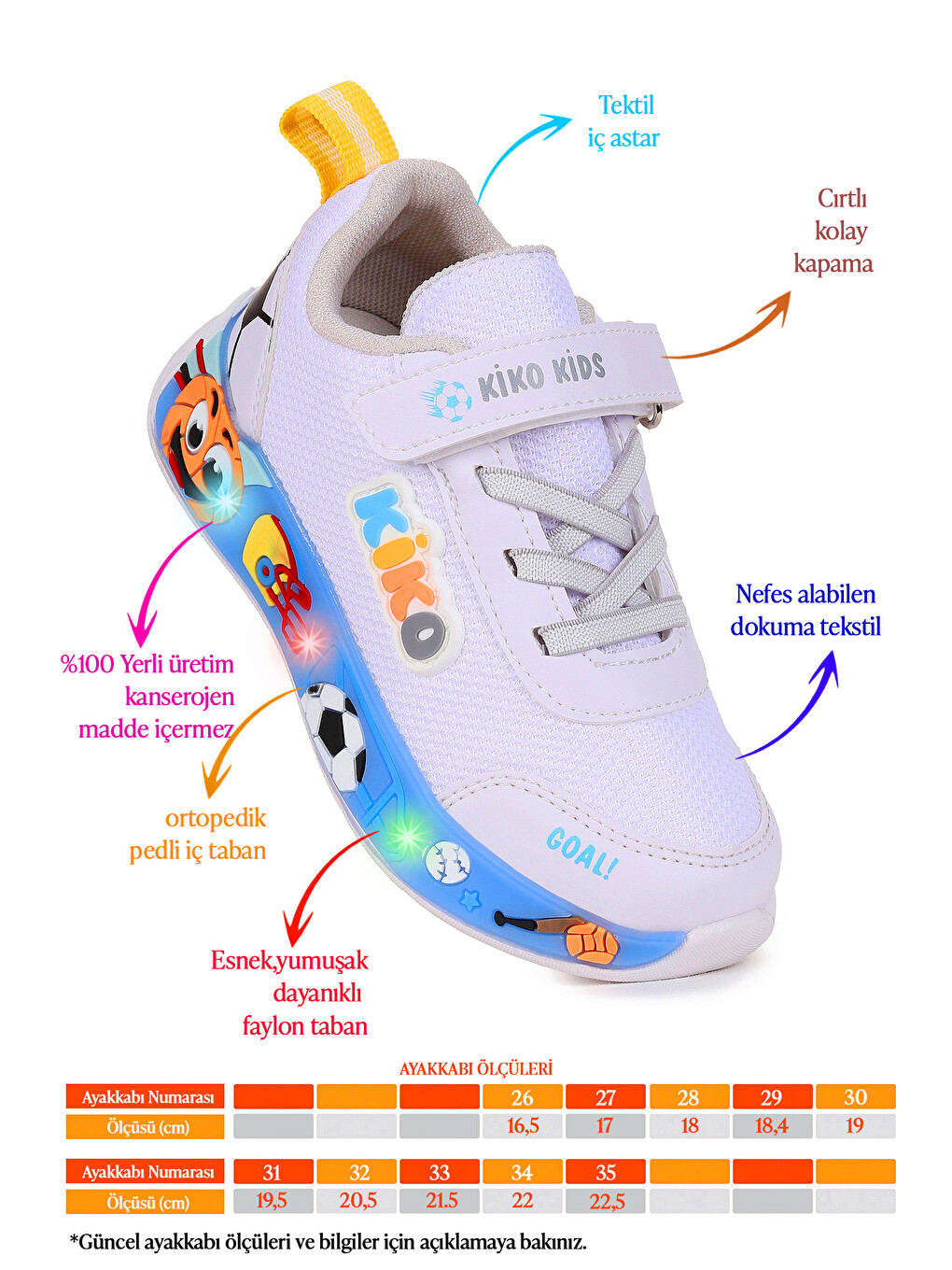Beyaz Velcro Işıklı Günlük Cırtlı Erkek Çocuk Spor Ayakkabı-1