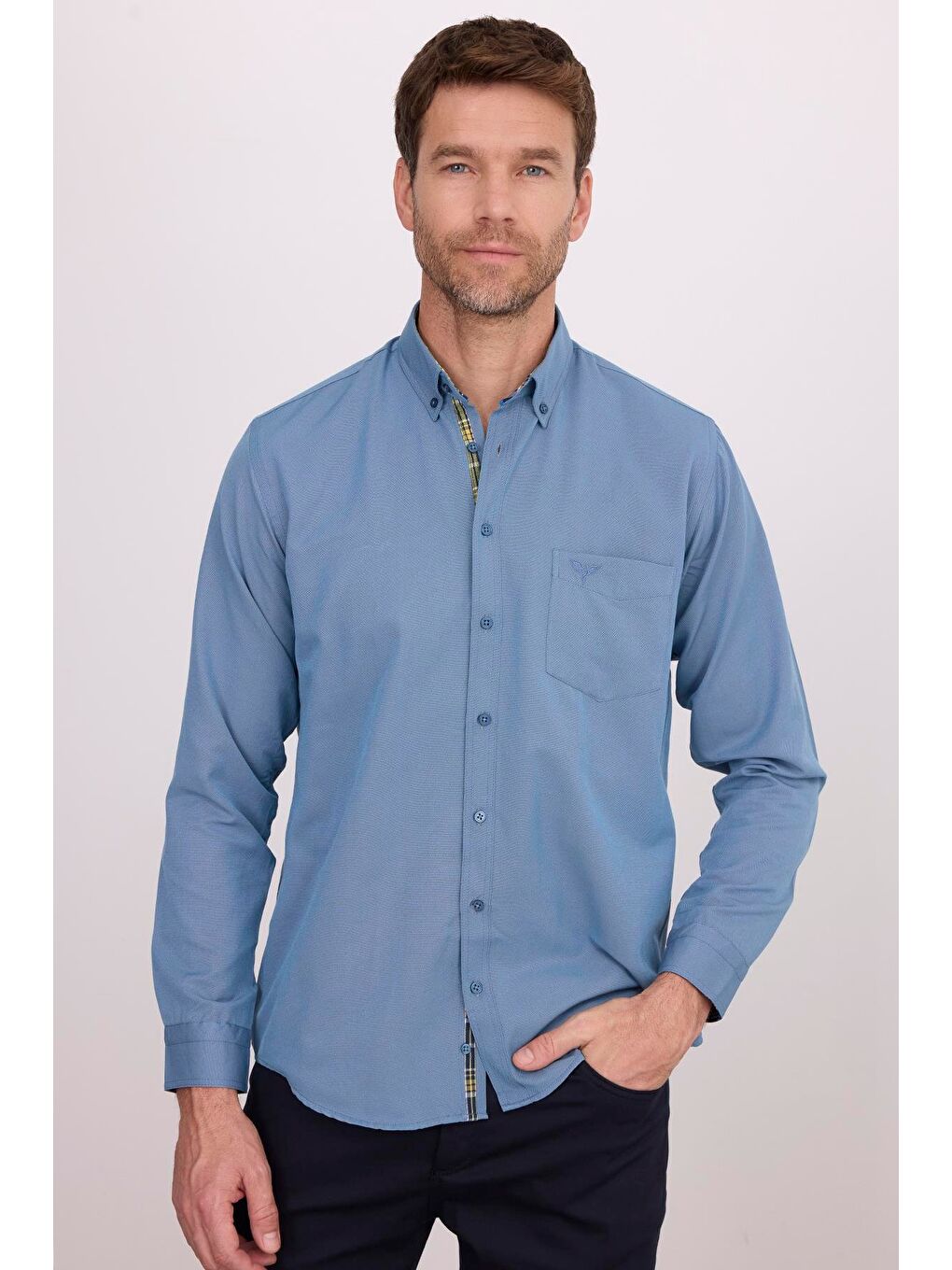 Erkek Regular Fit Klasik Kesim Pamuklu Oxford Doku Petrol Renk Düğmeli Yaka Gömlek