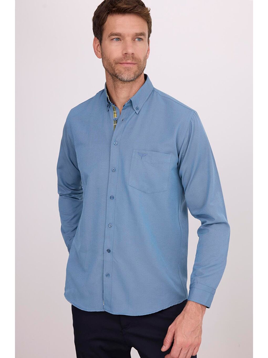 Erkek Regular Fit Klasik Kesim Pamuklu Oxford Doku Petrol Renk Düğmeli Yaka Gömlek-1