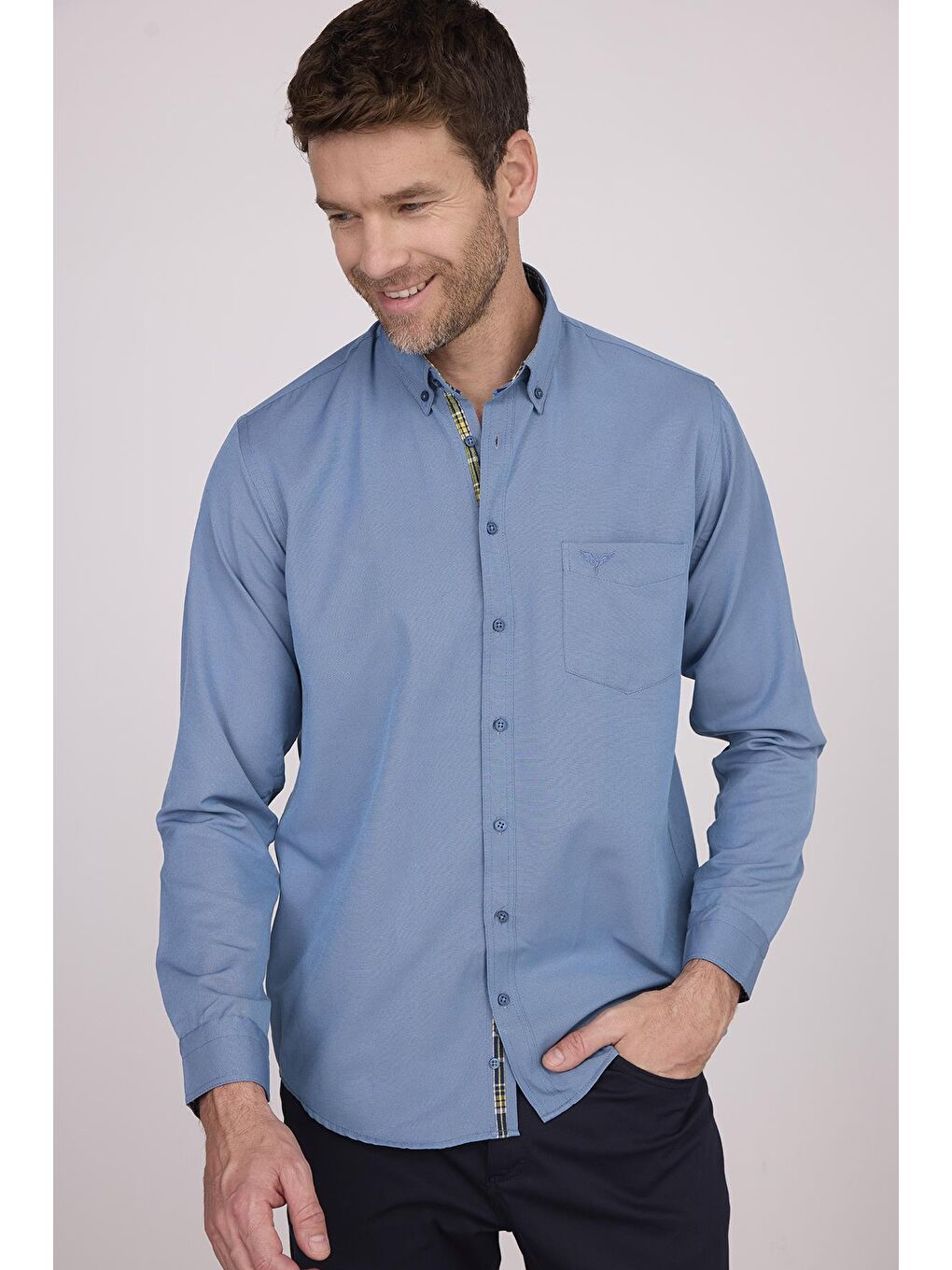 Erkek Regular Fit Klasik Kesim Pamuklu Oxford Doku Petrol Renk Düğmeli Yaka Gömlek-4