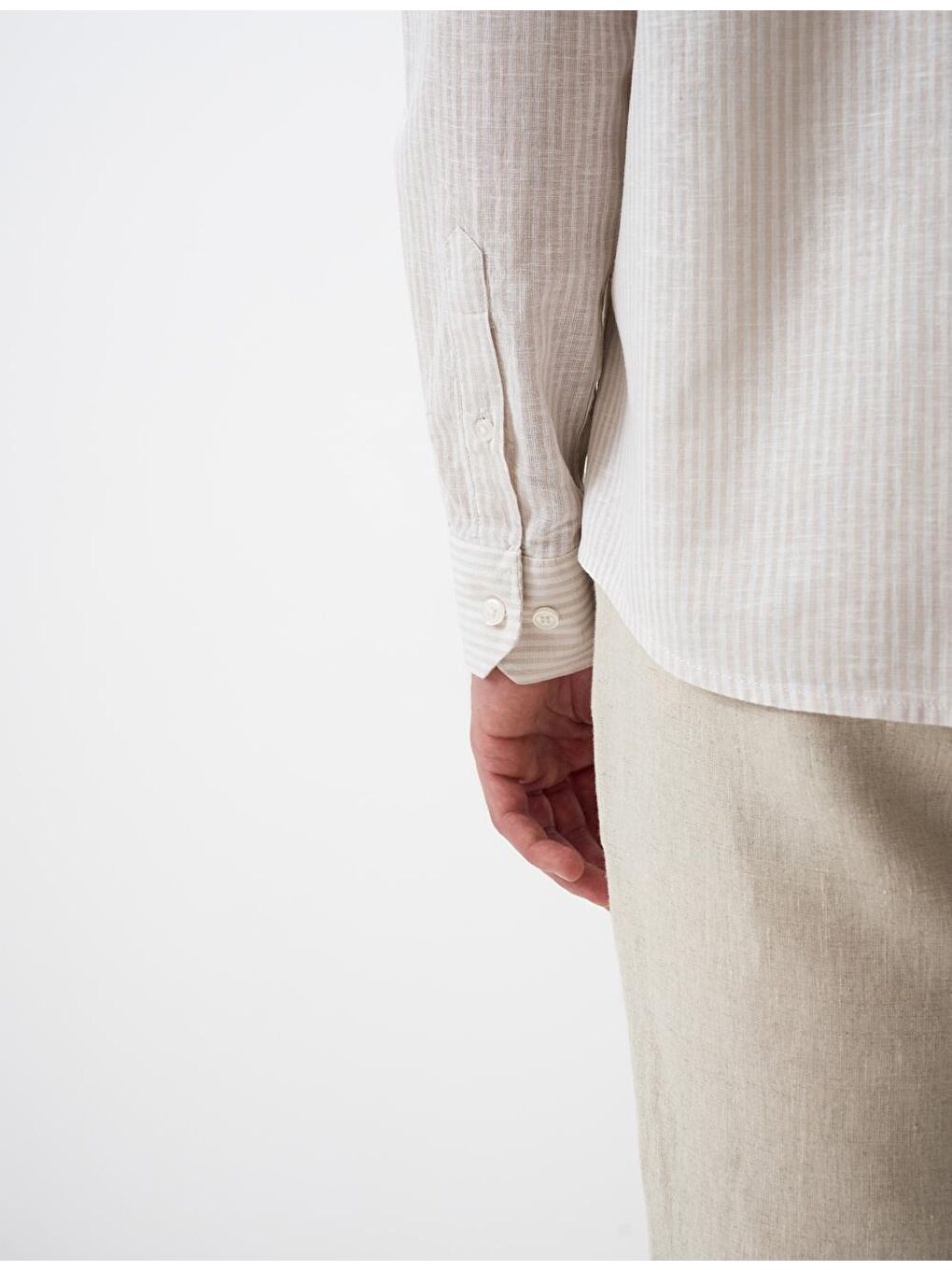 Bej Çizgili Erkek Keten Gömlek-5