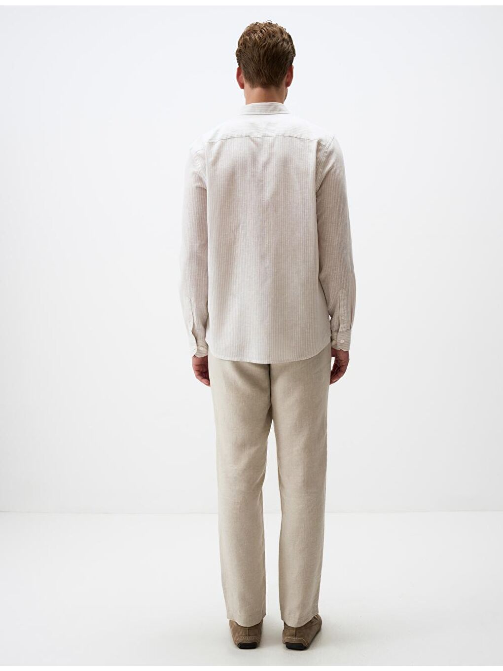 Bej Çizgili Erkek Keten Gömlek-6