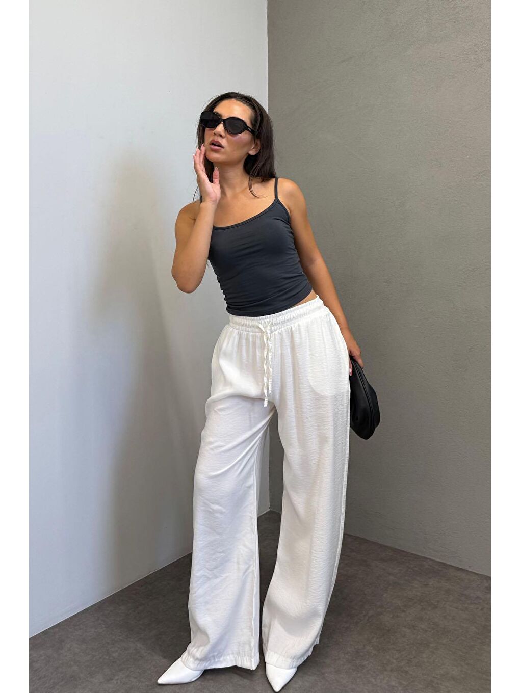 Beyaz Geniş Paça Kadın Pantolon Mg1982-1