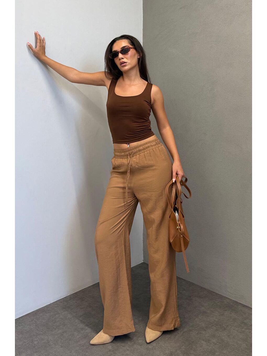 Kahverengi Camel Geniş Paça Kadın Pantolon Mg1982
