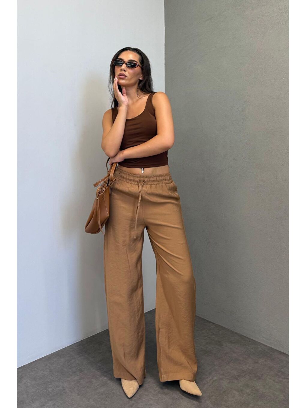 Kahverengi Camel Geniş Paça Kadın Pantolon Mg1982-1