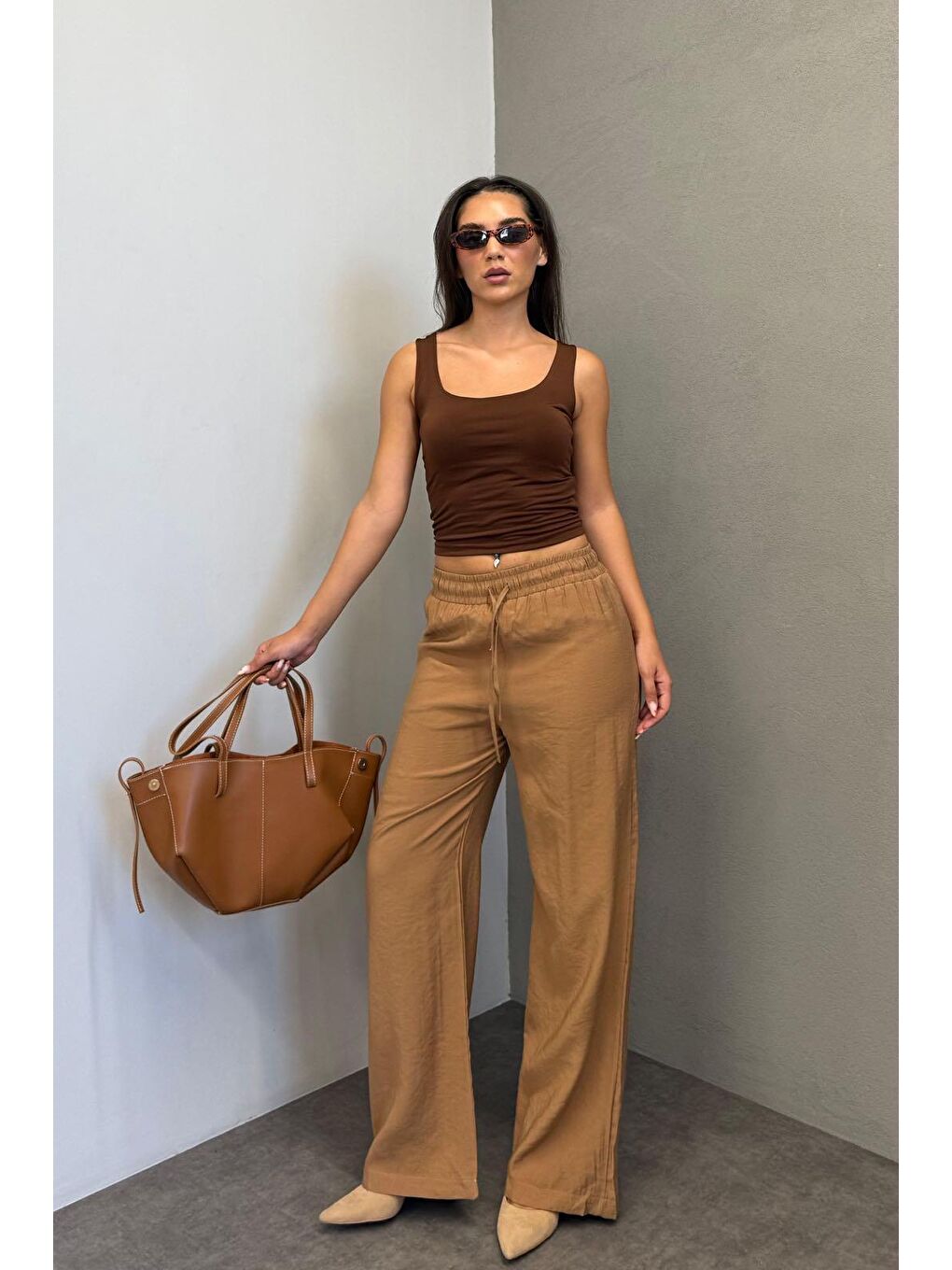 Kahverengi Camel Geniş Paça Kadın Pantolon Mg1982-2