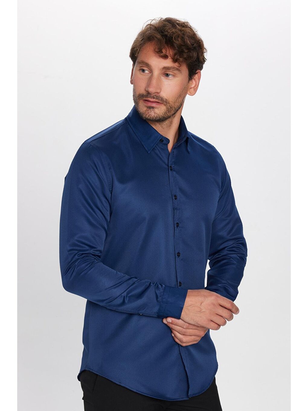 Lacivert Slim Fit Kolay Ütülenen Kravatlık Erkek Gömlek