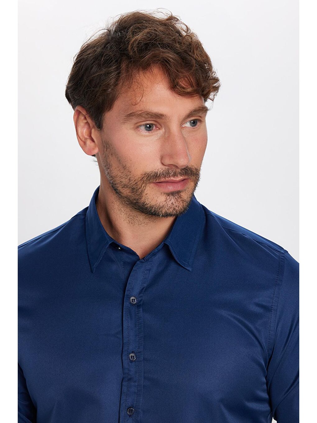 Lacivert Slim Fit Kolay Ütülenen Kravatlık Erkek Gömlek-1