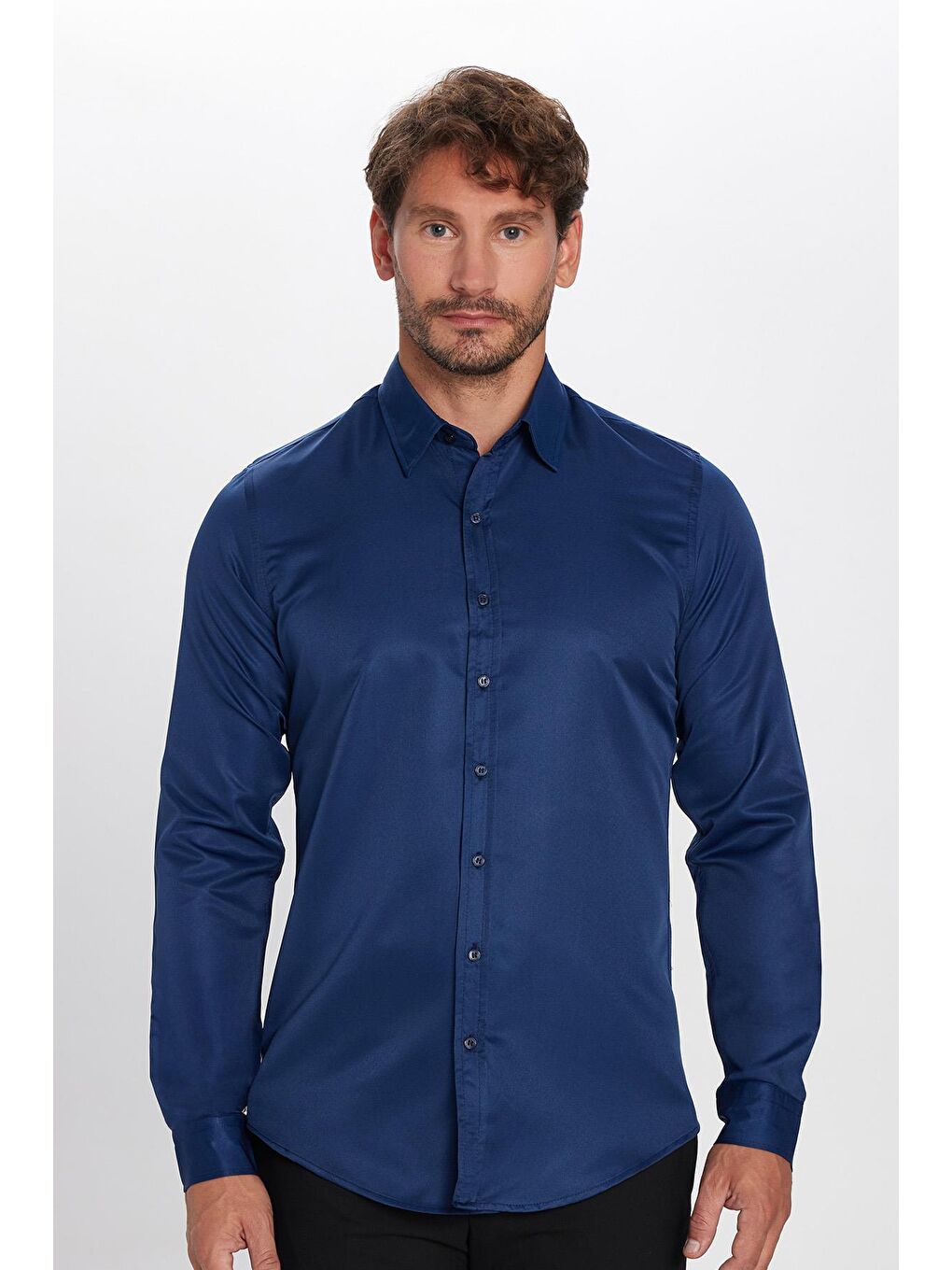 Lacivert Slim Fit Kolay Ütülenen Kravatlık Erkek Gömlek-2