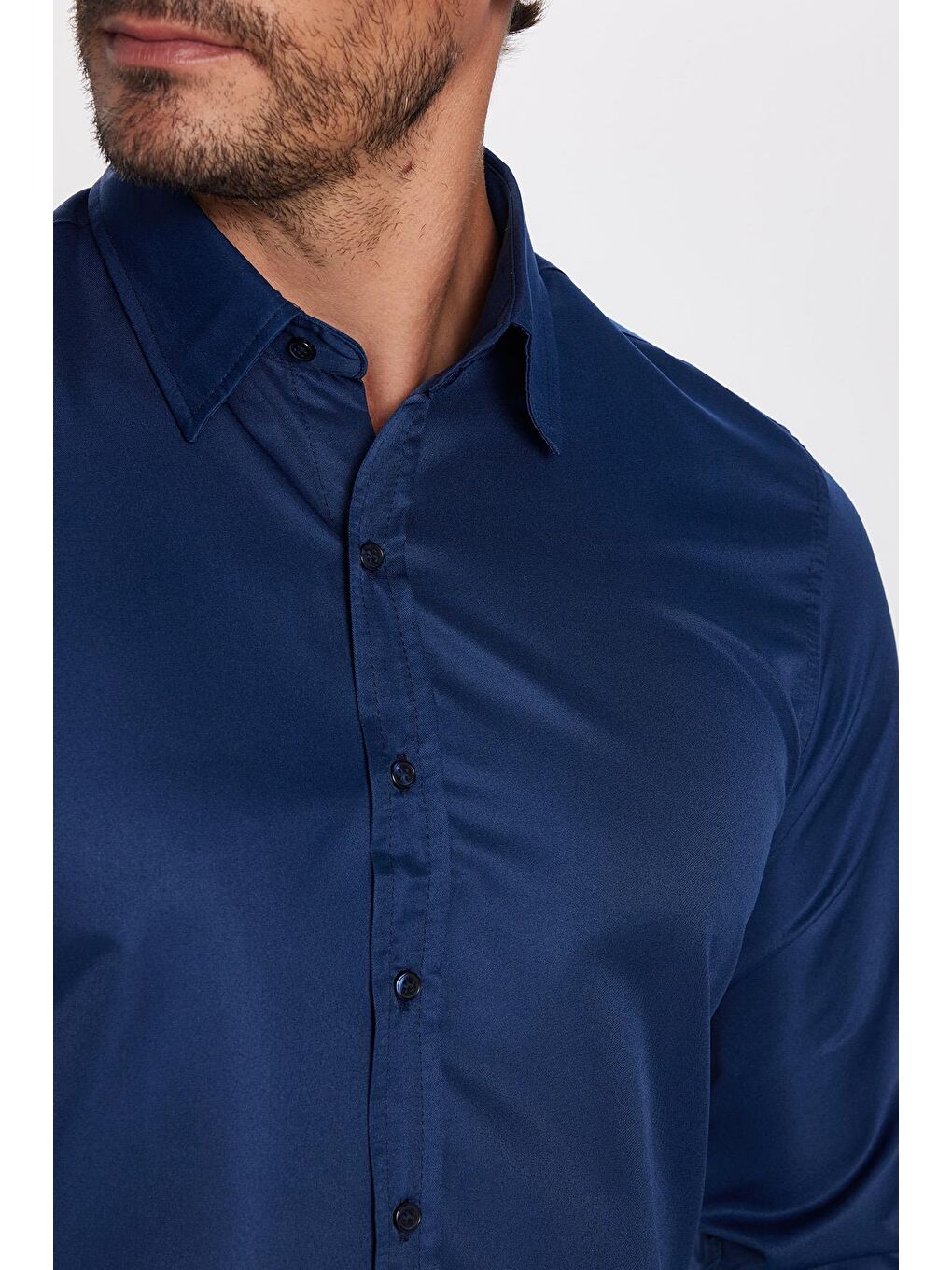 Lacivert Slim Fit Kolay Ütülenen Kravatlık Erkek Gömlek-3