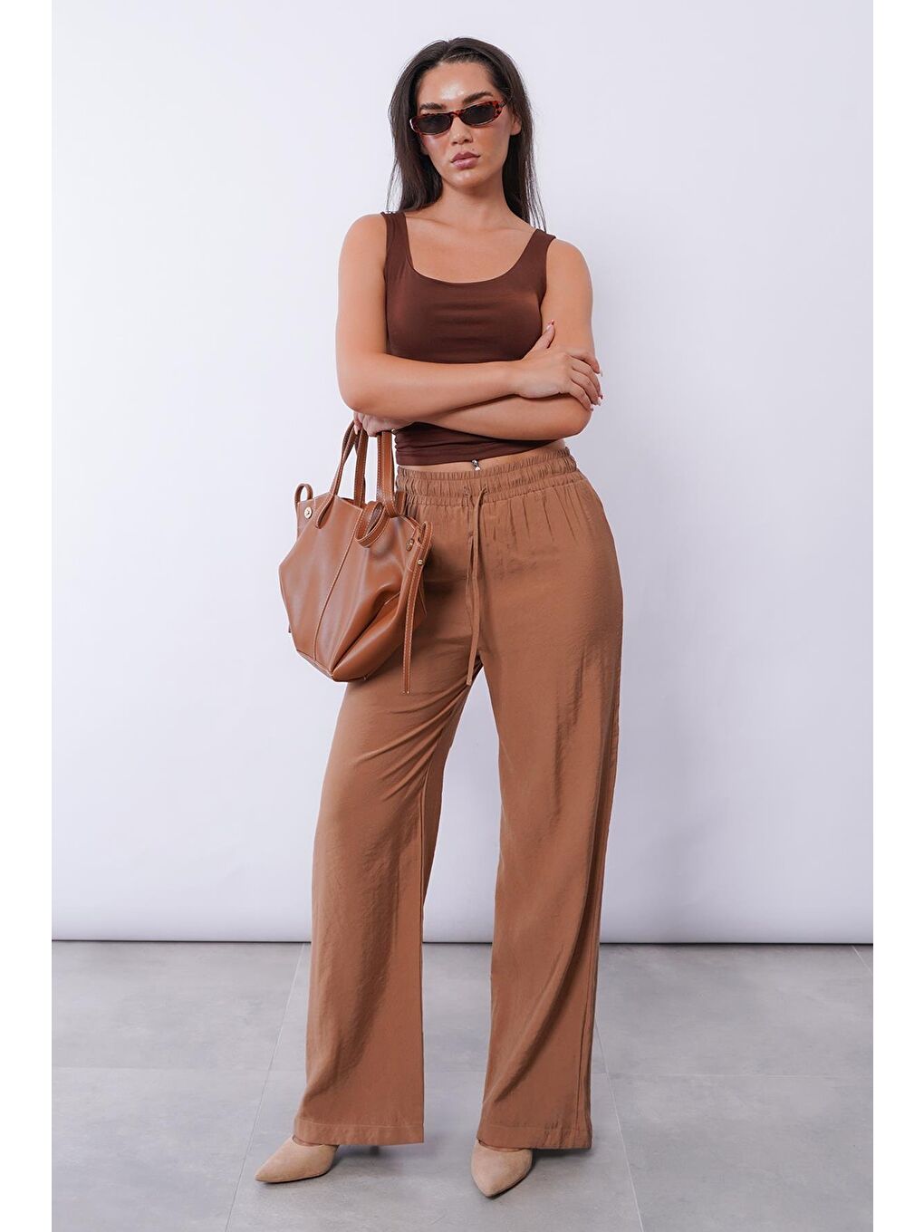 Kahverengi Camel Geniş Paça Kadın Pantolon Mg1982-7