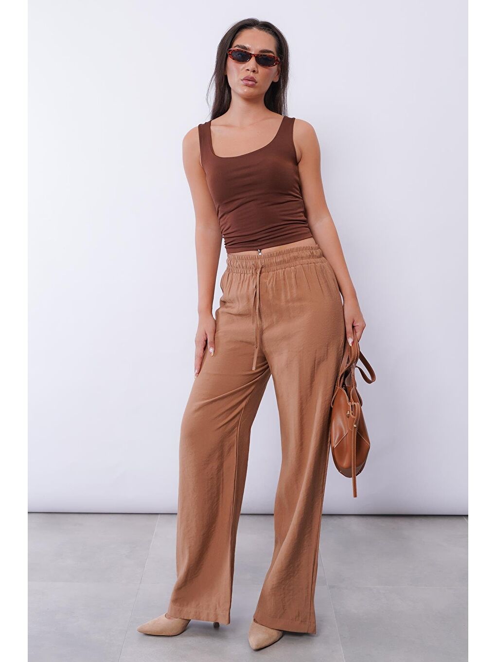 Kahverengi Camel Geniş Paça Kadın Pantolon Mg1982-8