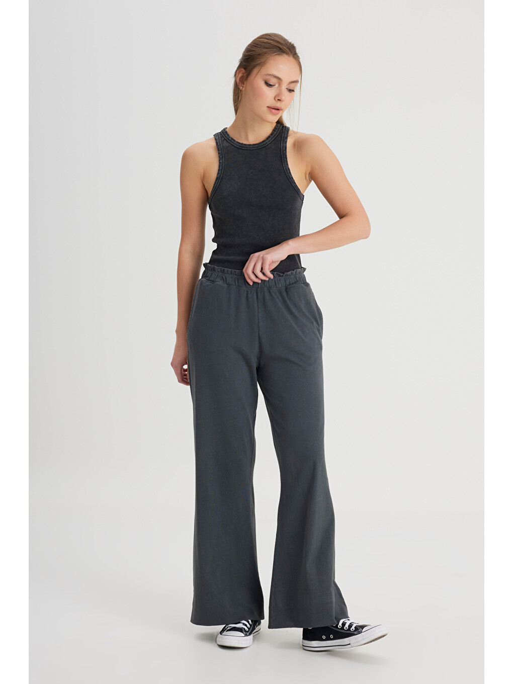 C Yüksek Bel Geniş Paça %100 Pamuk Antrasit Sweatpant Eşofman
