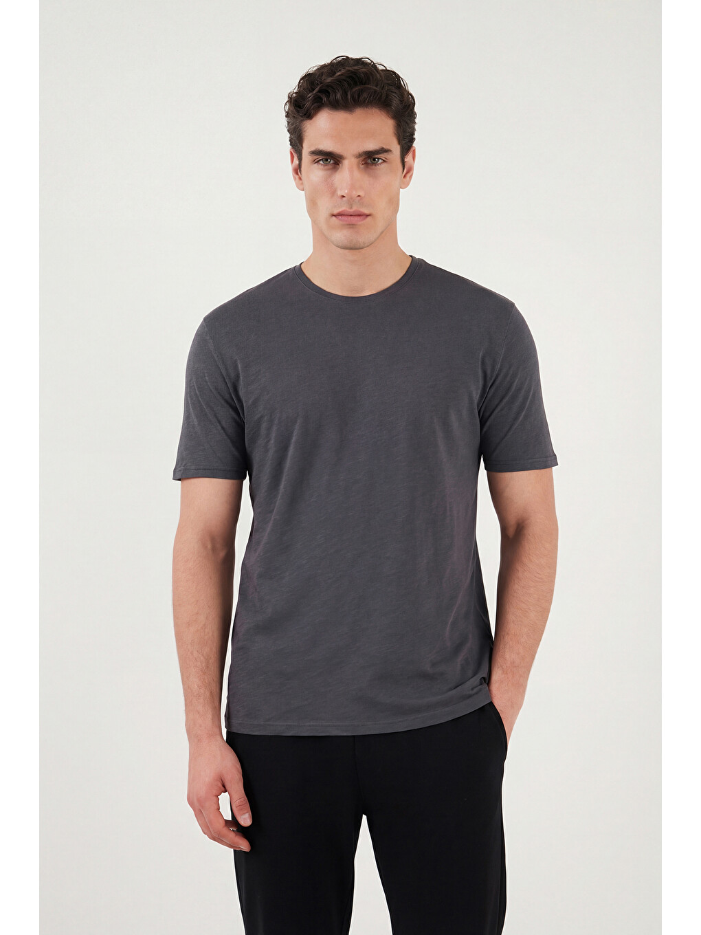 Antrasit Bisiklet Yaka %100 Pamuk Slim Fit Basic Tişört 59020001-3