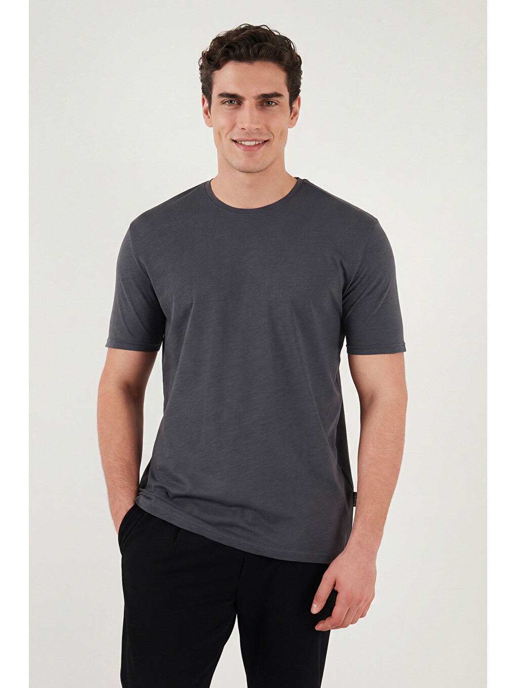 Antrasit Bisiklet Yaka %100 Pamuk Slim Fit Basic Tişört 59020001-4