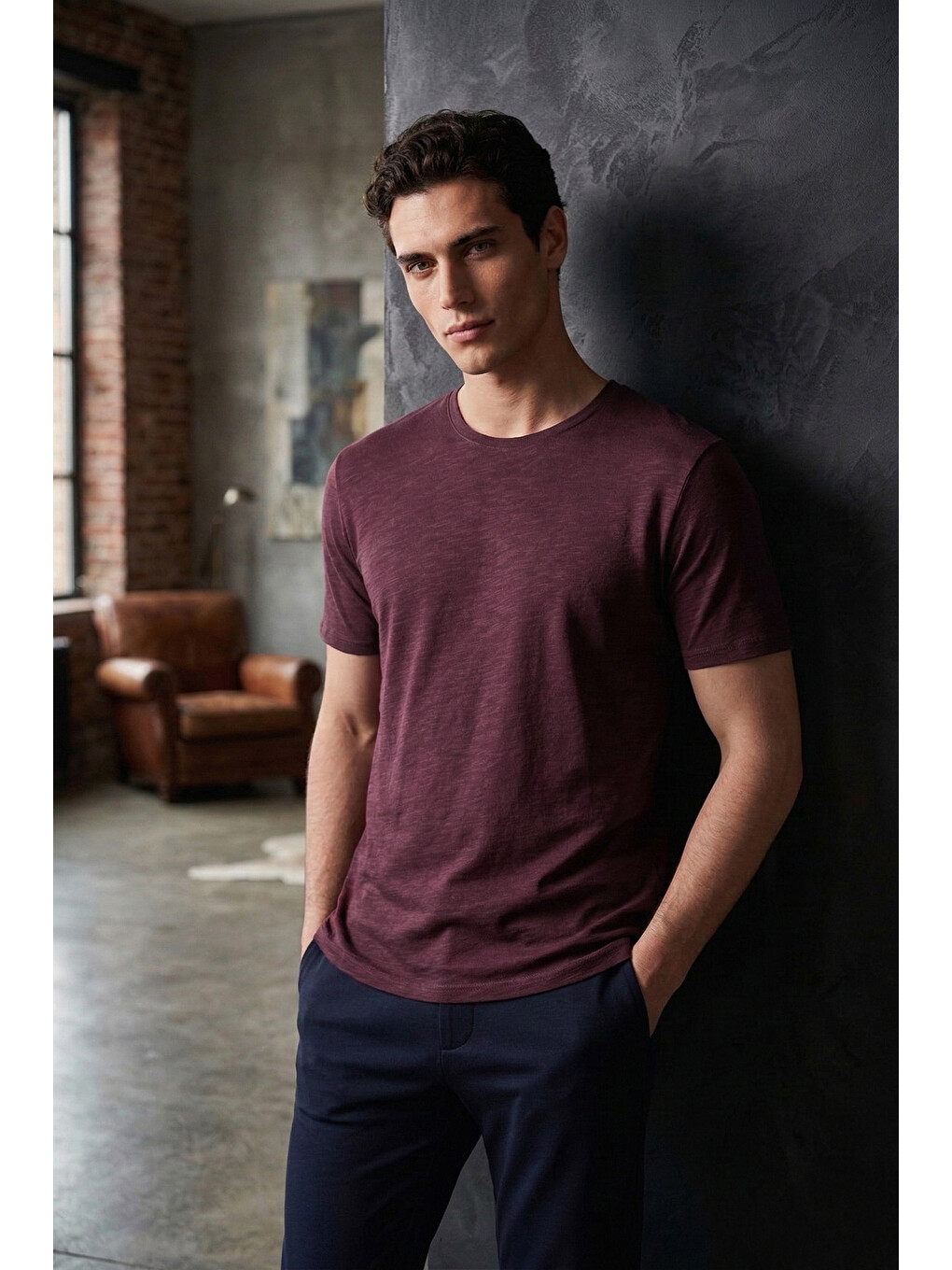 Bordo Bisiklet Yaka %100 Pamuk Slim Fit Basic Tişört 59020001-2