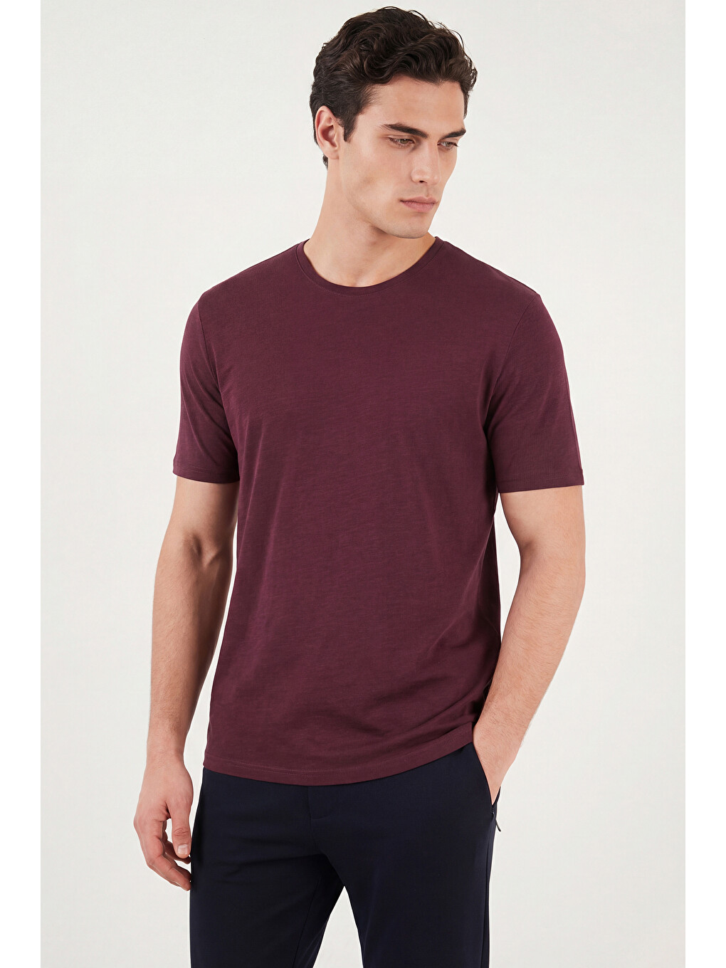 Bordo Bisiklet Yaka %100 Pamuk Slim Fit Basic Tişört 59020001-4