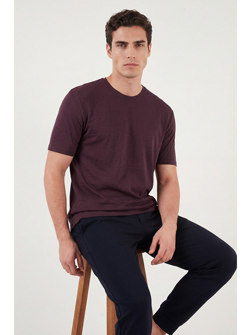 Bordo Bisiklet Yaka %100 Pamuk Slim Fit Basic Tişört 59020001-7