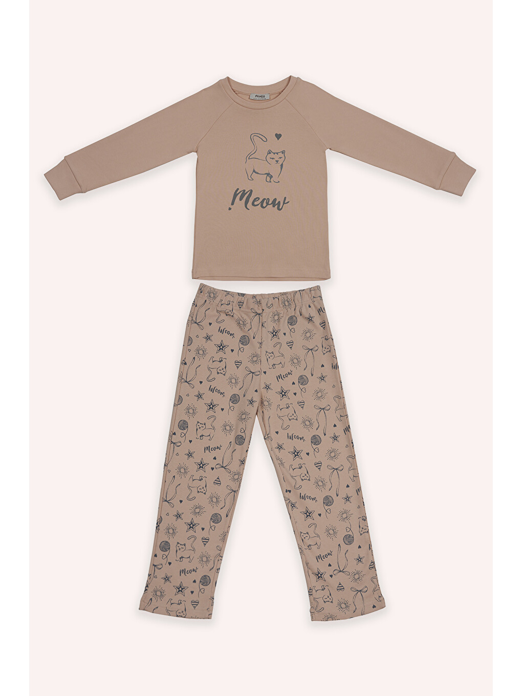 Pembe Kız Çocuk Kedi Baskılı Somon Pijama Takımı-4