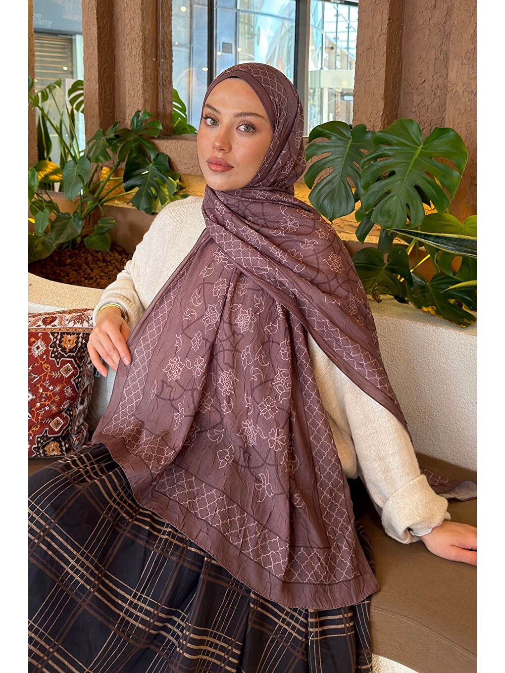 Kahverengi Geometrik Desen Bambu Şal Soft Kahve