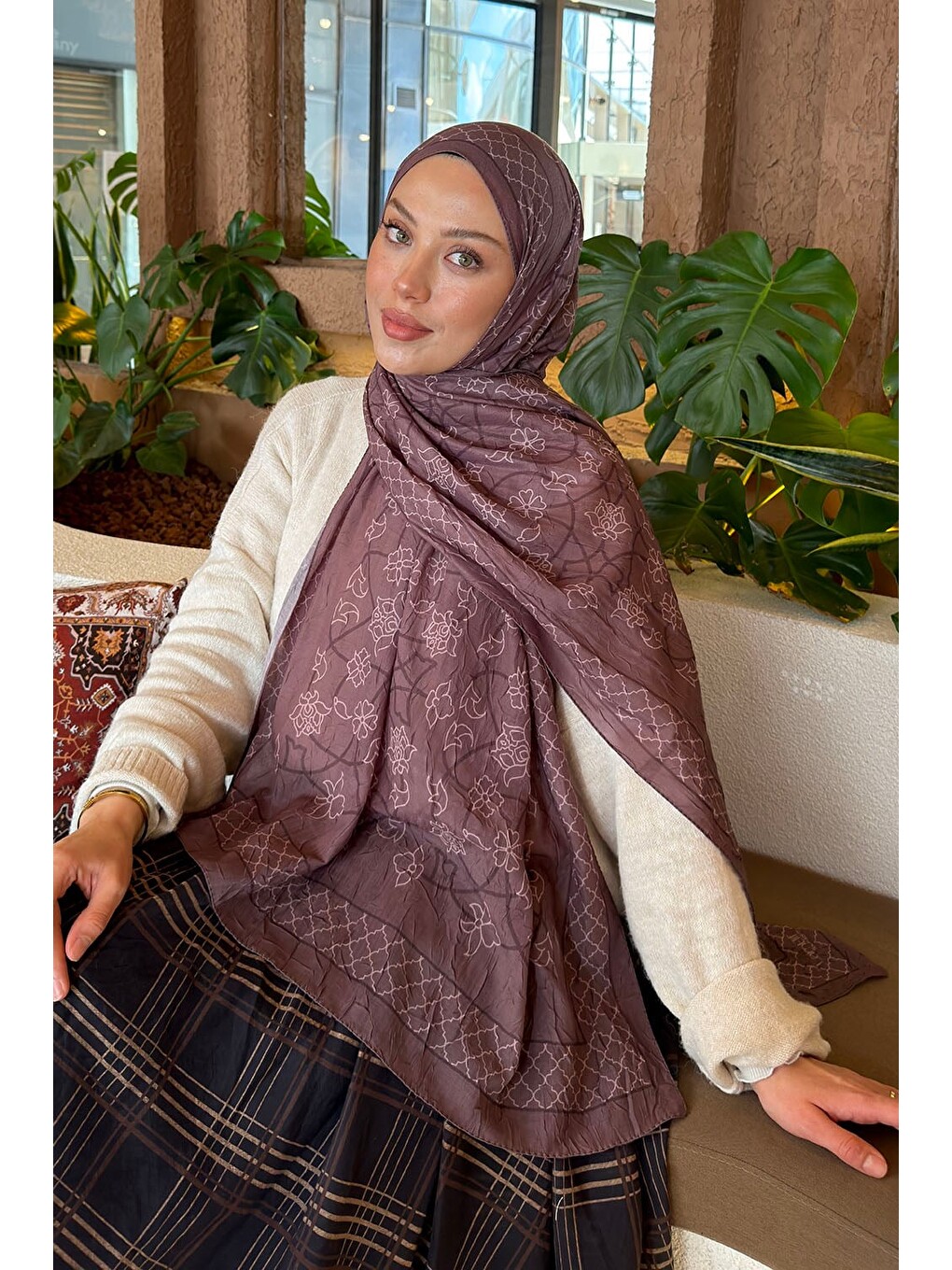 Kahverengi Geometrik Desen Bambu Şal Soft Kahve-1
