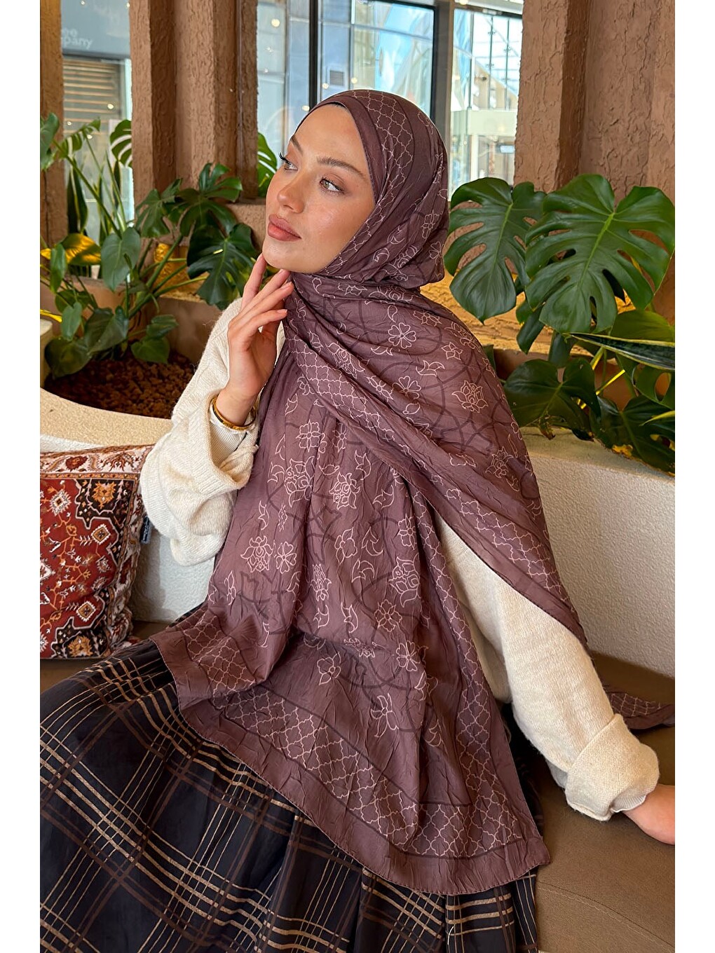 Kahverengi Geometrik Desen Bambu Şal Soft Kahve-2