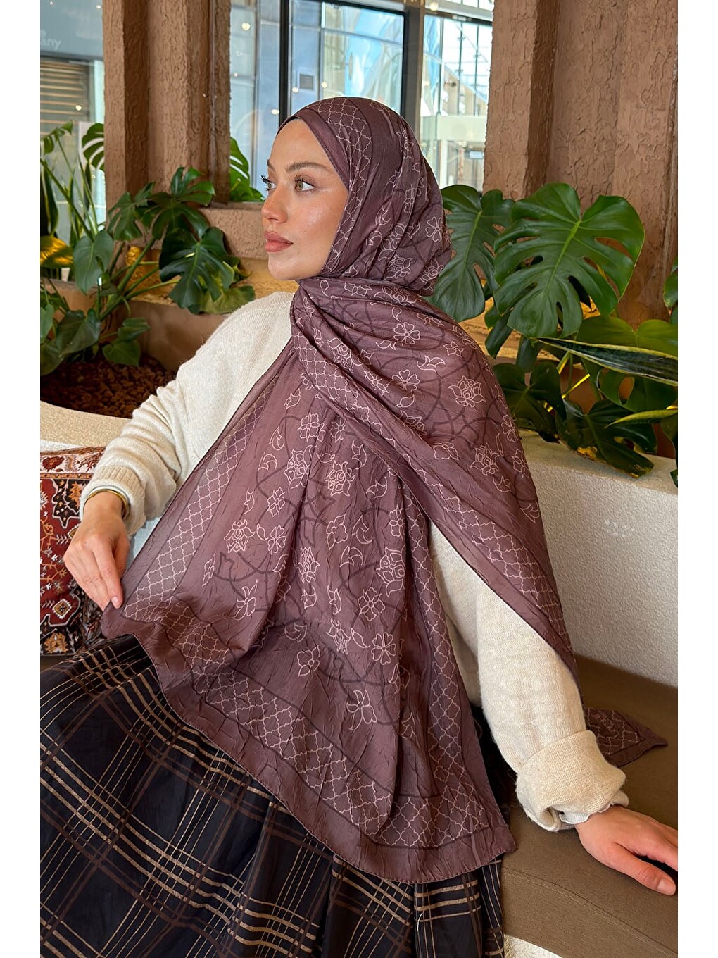 Kahverengi Geometrik Desen Bambu Şal Soft Kahve-3