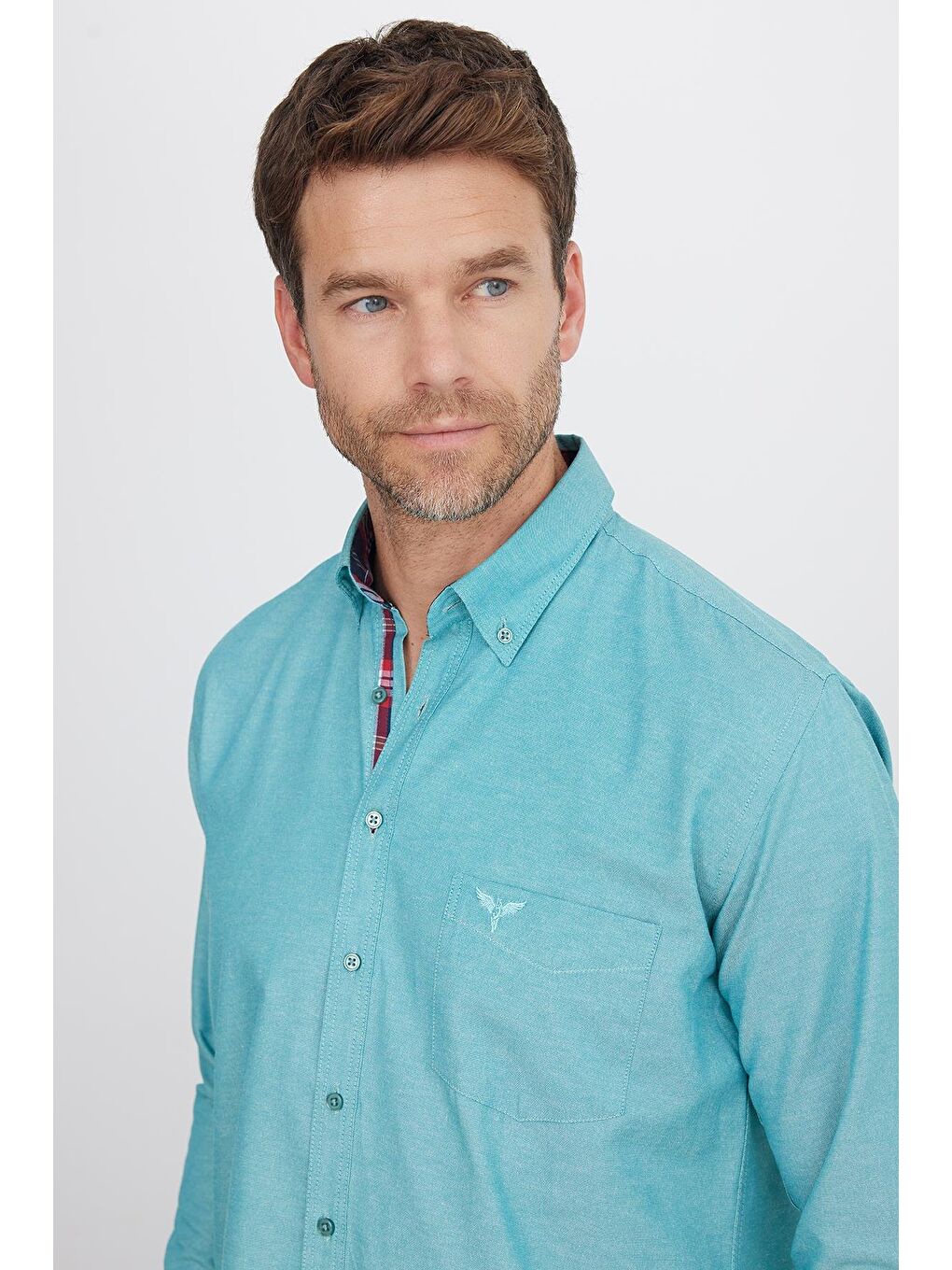 Erkek Regular Fit Klasik Kesim Pamuklu Oxford Doku Tek Cepli Turkuaz Düğmeli Yaka Gömlek-1