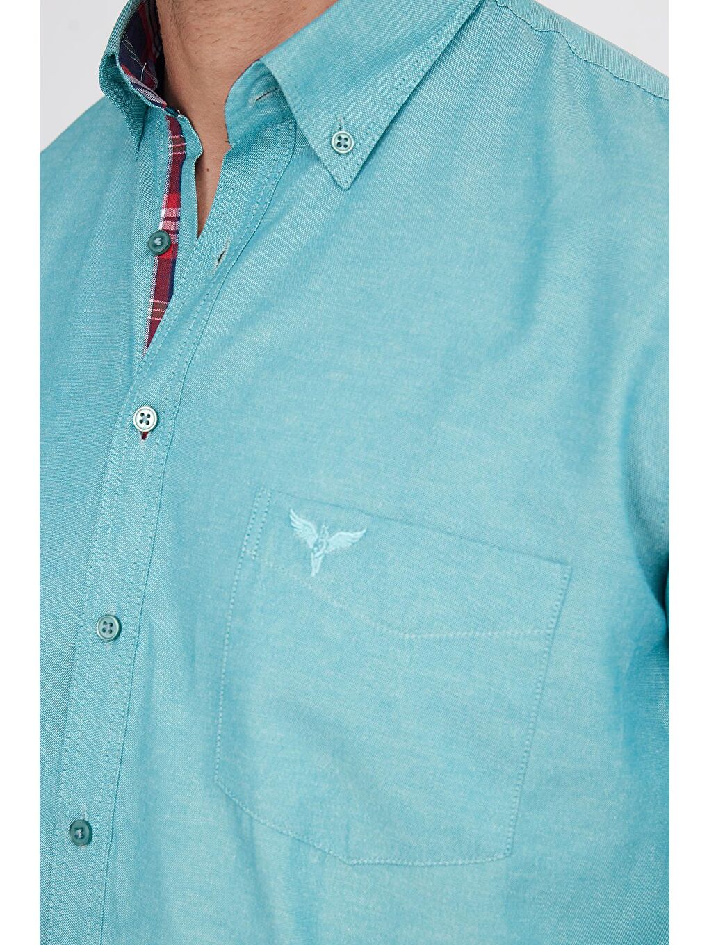Erkek Regular Fit Klasik Kesim Pamuklu Oxford Doku Tek Cepli Turkuaz Düğmeli Yaka Gömlek-2
