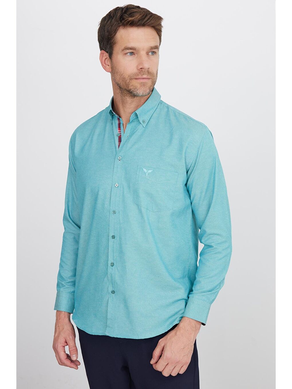 Erkek Regular Fit Klasik Kesim Pamuklu Oxford Doku Tek Cepli Turkuaz Düğmeli Yaka Gömlek-5