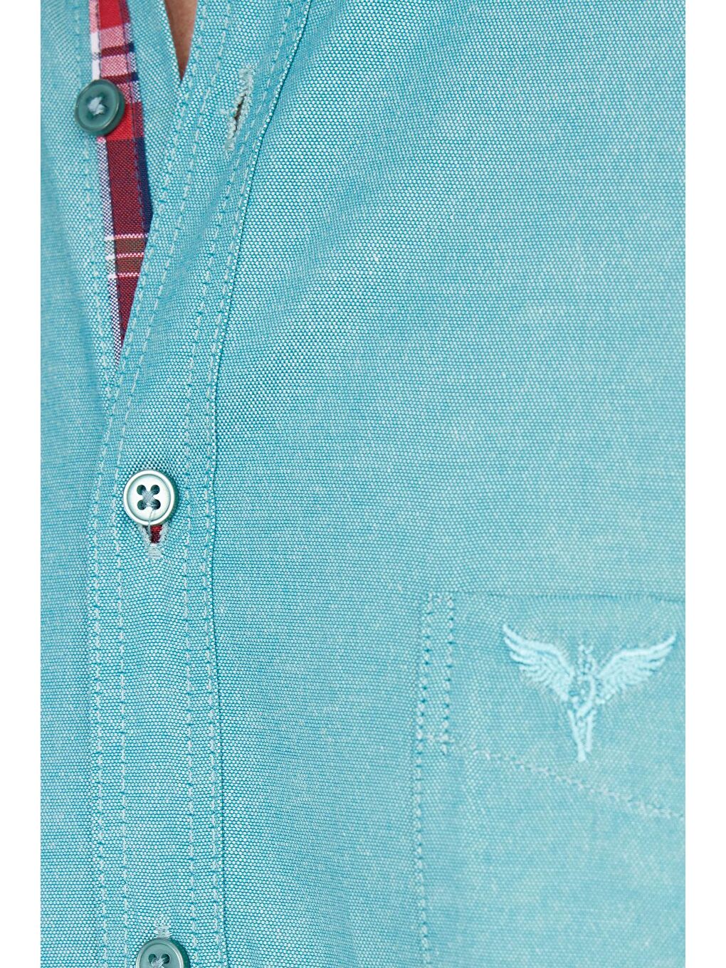Erkek Regular Fit Klasik Kesim Pamuklu Oxford Doku Tek Cepli Turkuaz Düğmeli Yaka Gömlek-6
