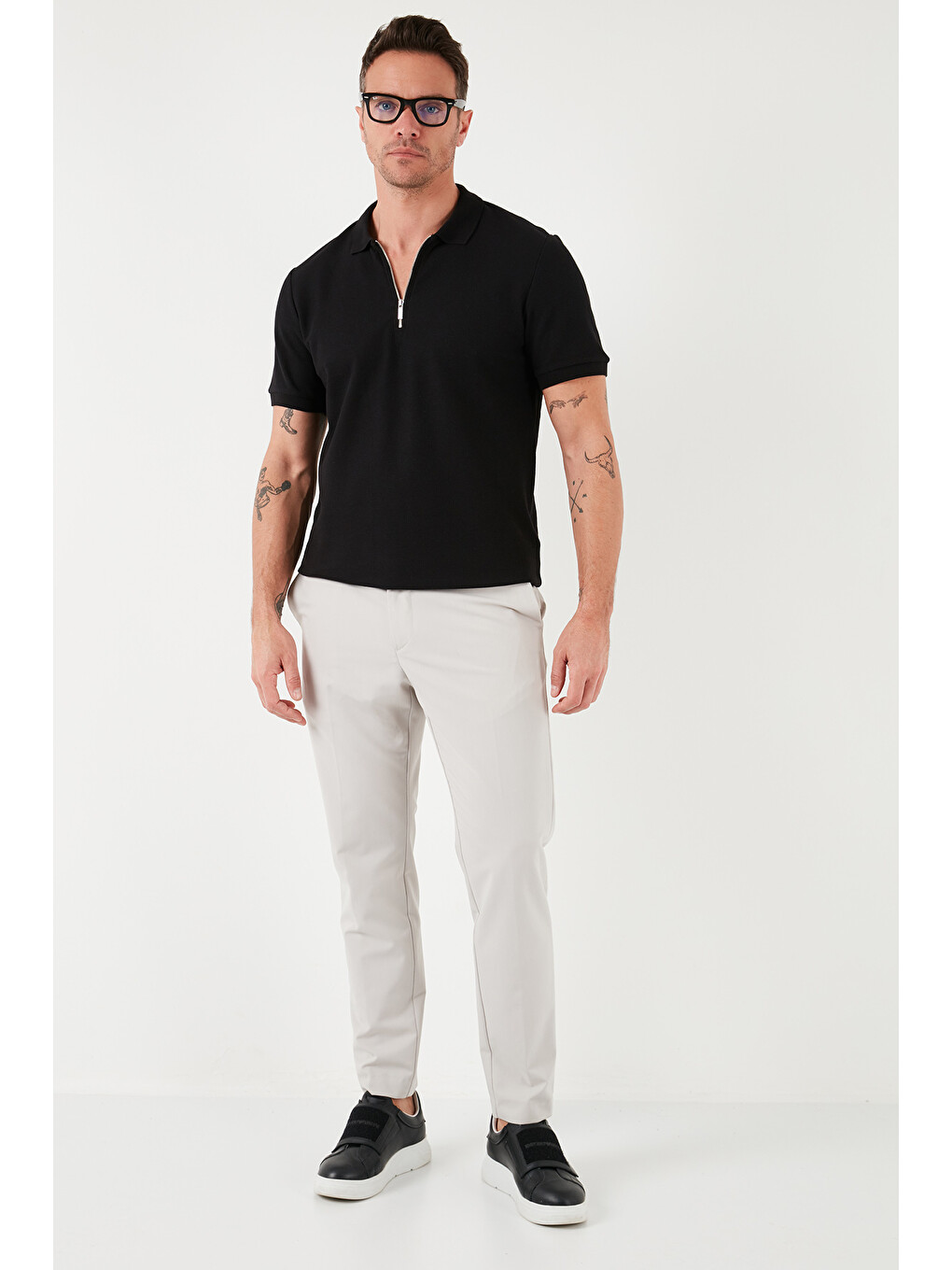 Siyah Pamuklu Regular Fit Fermuarlı Polo Yaka %100 Pamuk Tişört 5902434-3