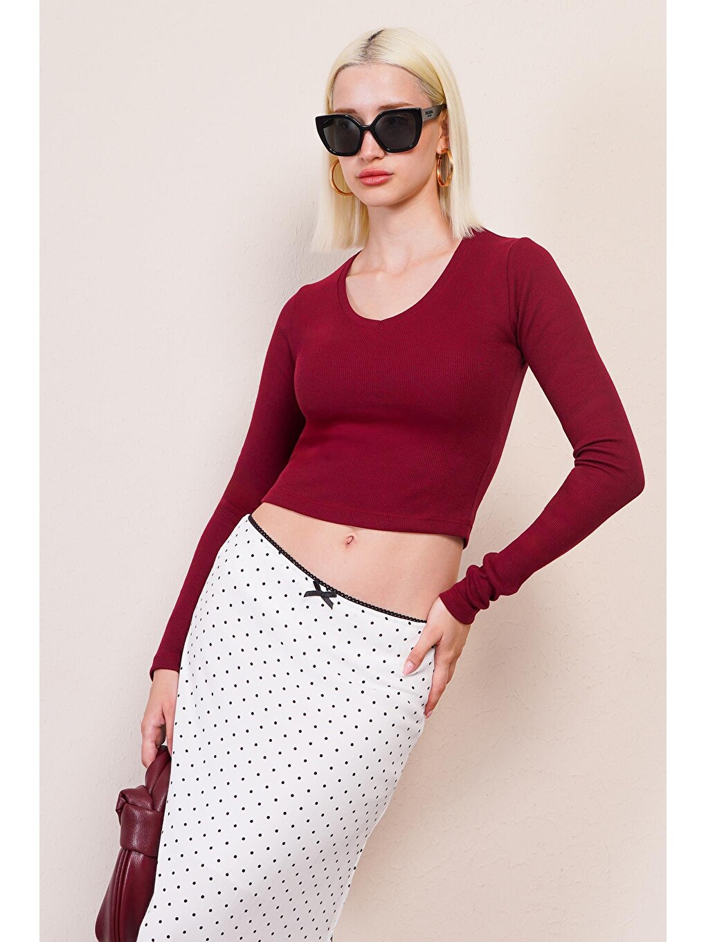 Bordo V Yaka Uzun Kollu Kaşkorse Body Mg2192-1