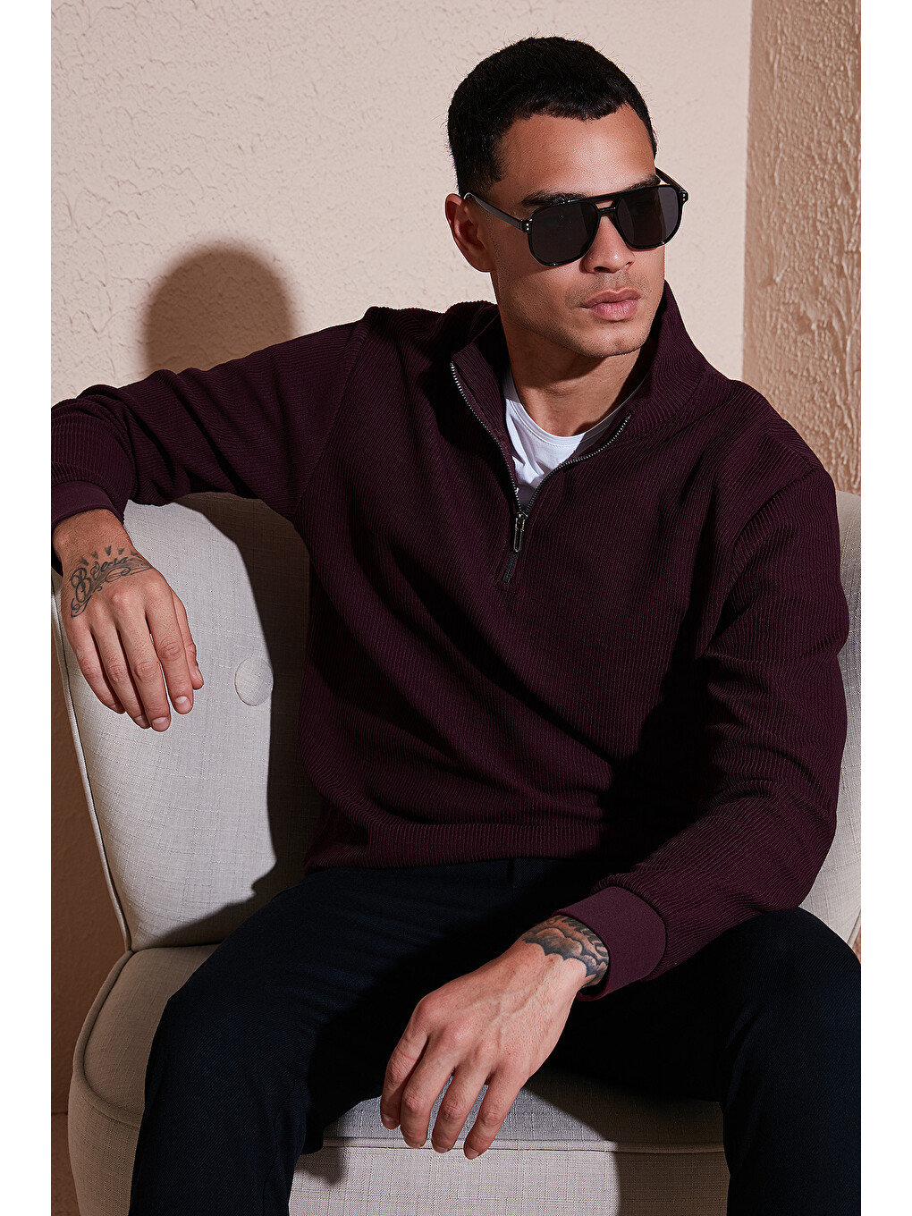 Bordo Pamuklu Regular Fit Yarım Fermuarlı Dik Yaka Erkek Sweat 5905716-2