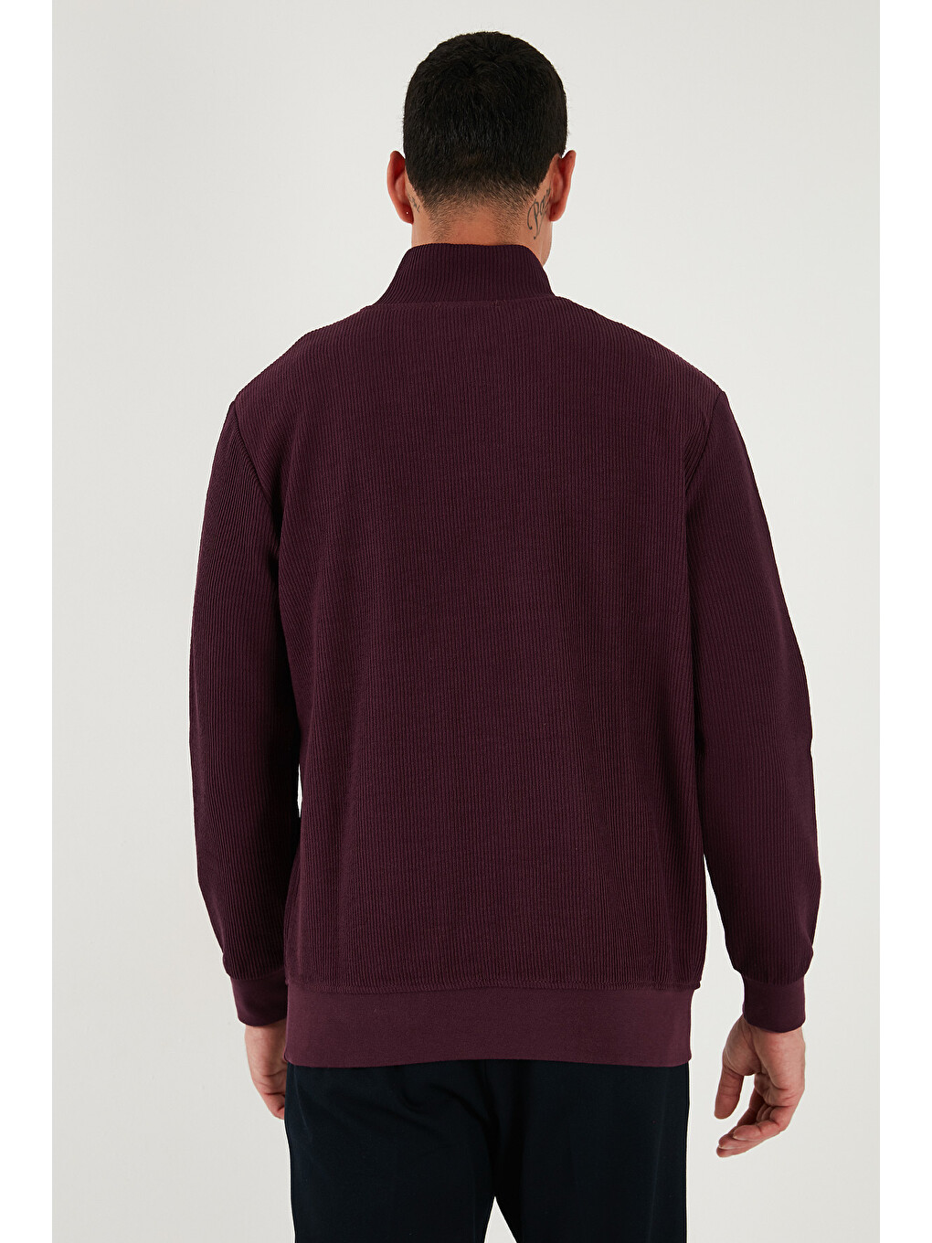 Bordo Pamuklu Regular Fit Yarım Fermuarlı Dik Yaka Erkek Sweat 5905716-6