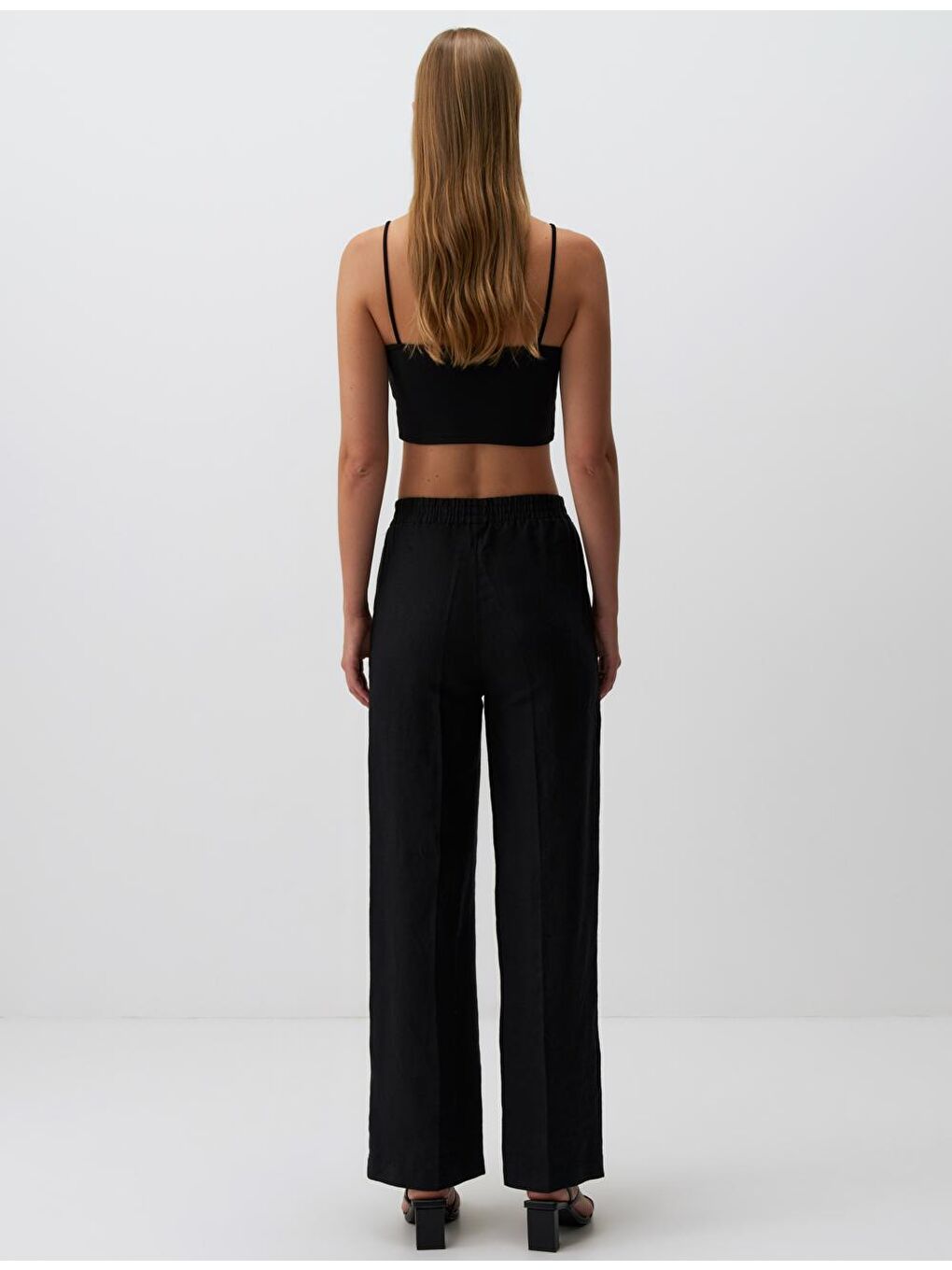 Siyah Yüksek Bel Bol Paça Düz Keten Pantolon-5