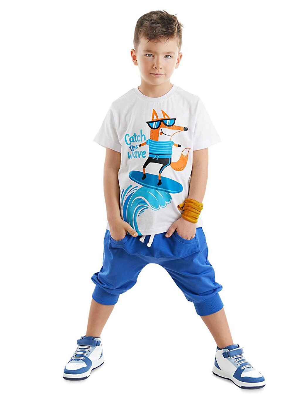 Denokids Karışık Surf Fox Erkek Çocuk T-shirt Kapri Şort Takım