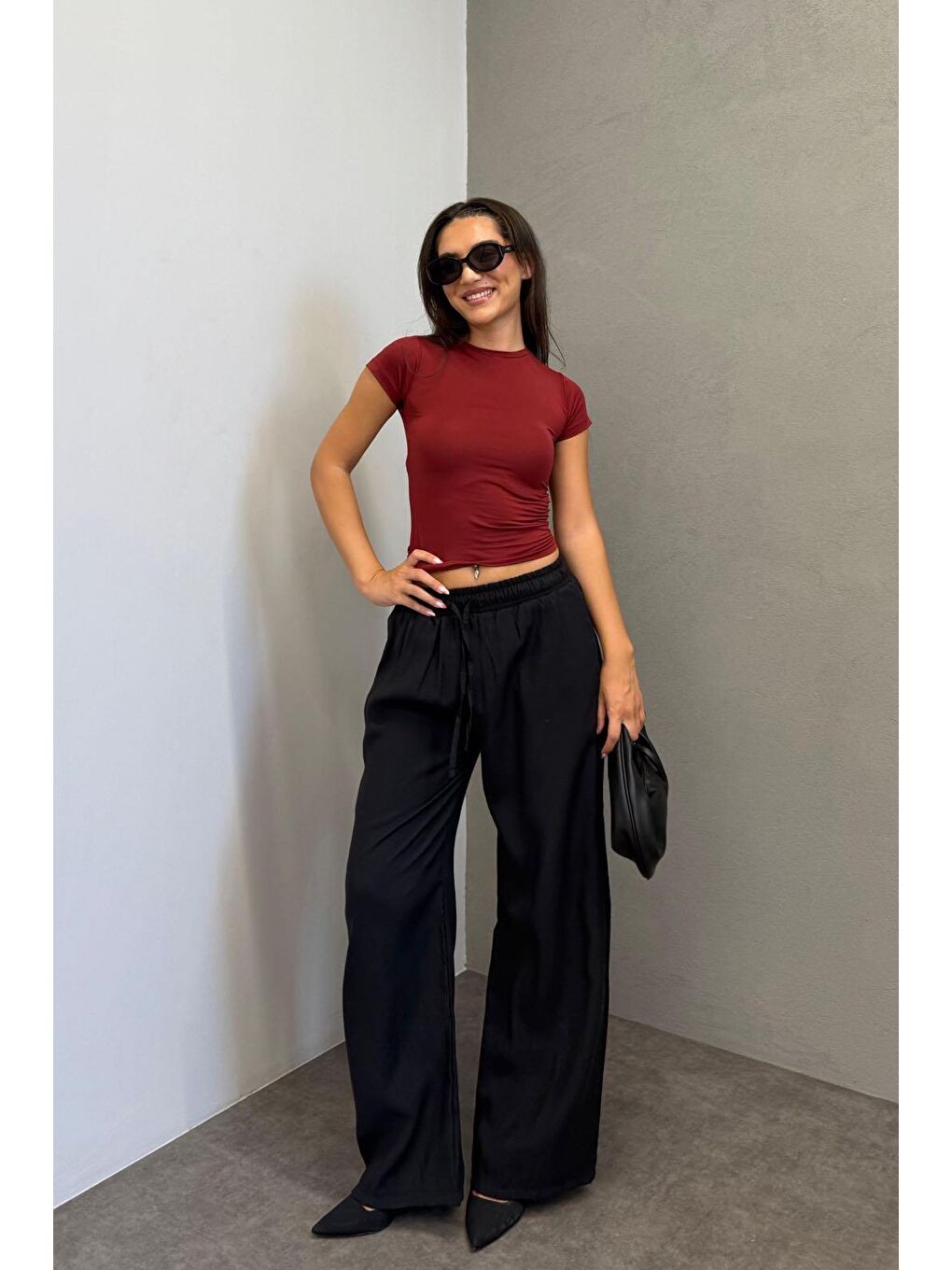 Siyah Geniş Paça Kadın Pantolon Mg1982-1