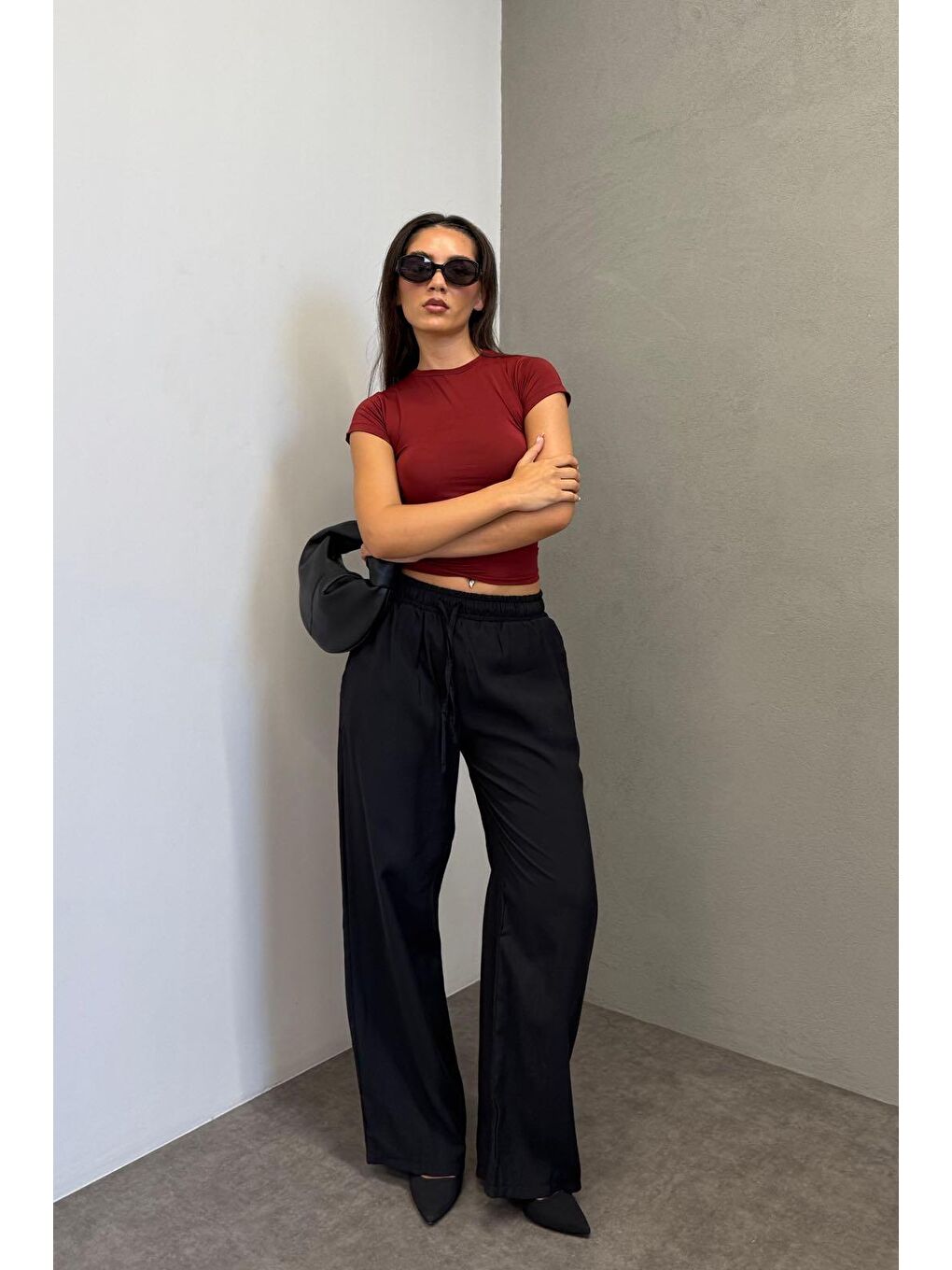 Siyah Geniş Paça Kadın Pantolon Mg1982-2