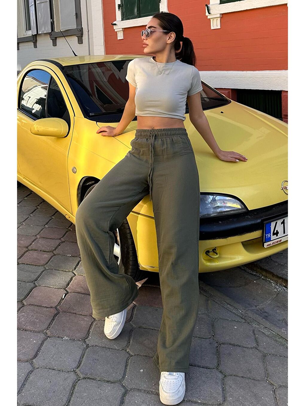 Koyu Yeşil Bol Paça Müslin Kadın Pantolon Mg1980