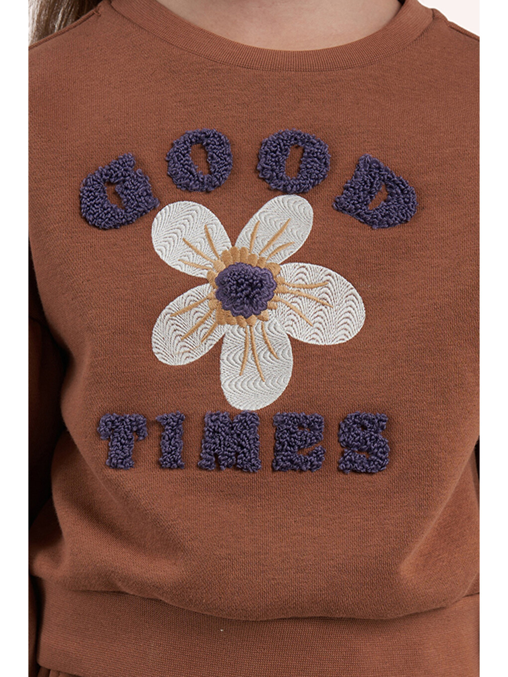 Kahverengi Kız Çocuk Nakışlı Camel Sweatshirt-5