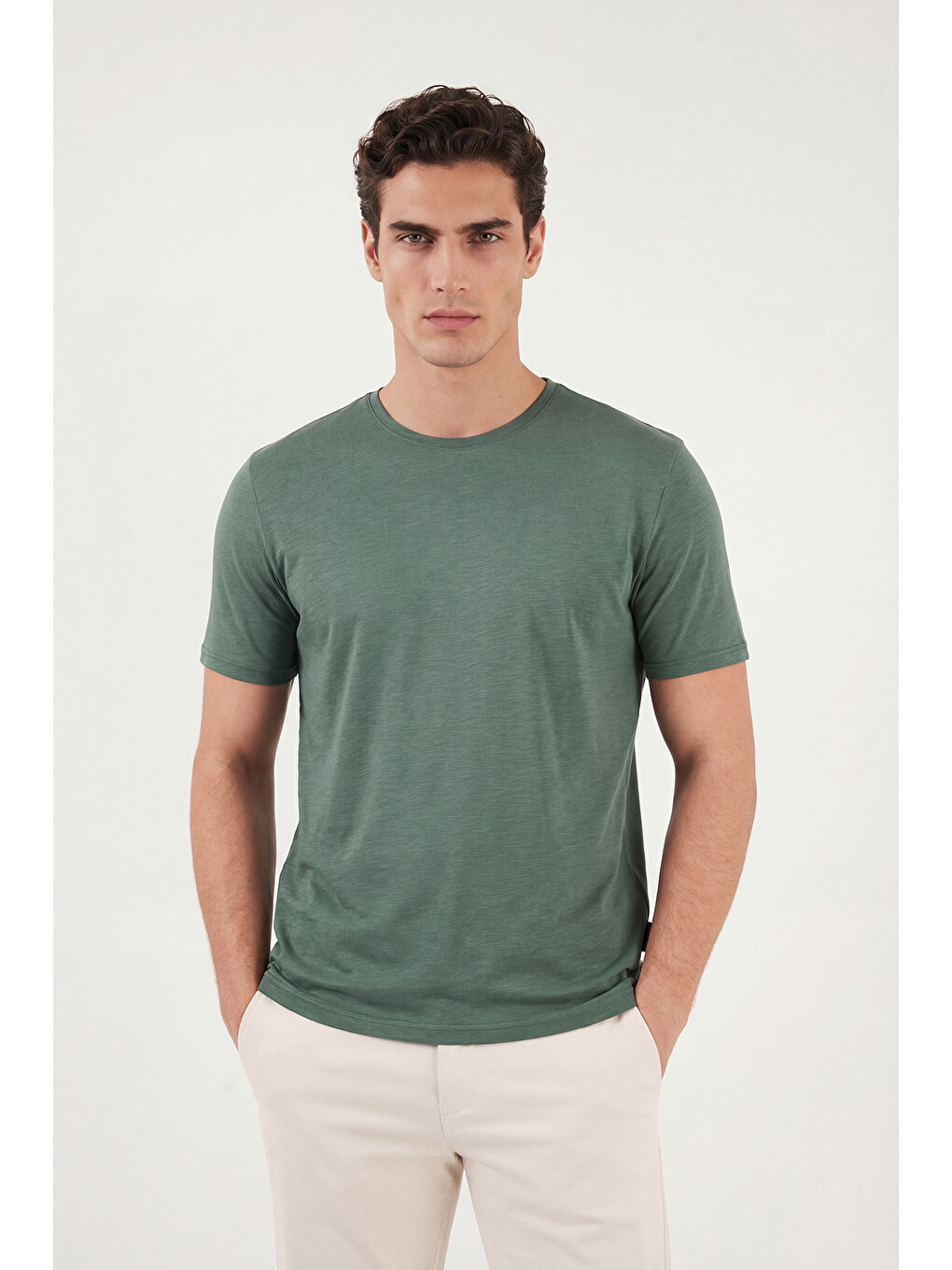 Yeşil Bisiklet Yaka % 100 Pamuk Slim Fit Basic Erkek Tişört 59020001-1