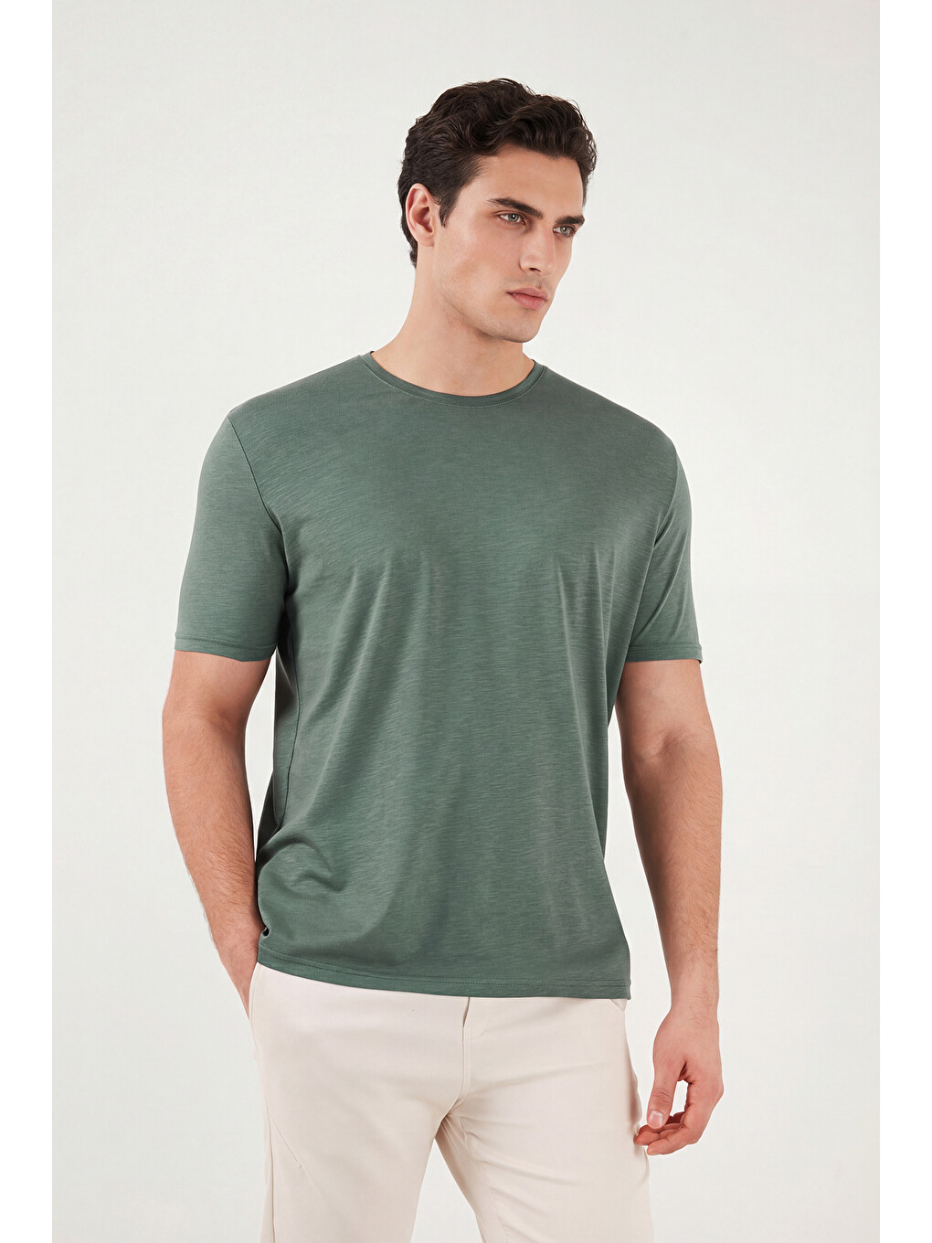 Yeşil Bisiklet Yaka % 100 Pamuk Slim Fit Basic Erkek Tişört 59020001-2